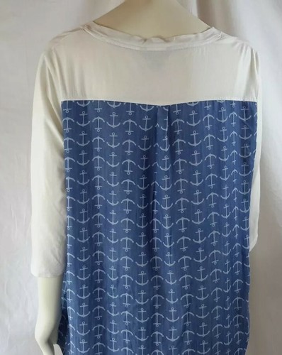 Womens nautical beach anchor print 3/4 sleeve casual top size off white/blue 1X - Picture 3 of 5