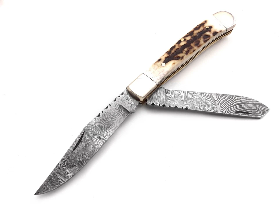 大马士革手工折叠口袋刀狩猎刀雄鹿角双刃刀 — 第 4/4 张图片