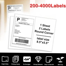 200-4000 Premium 8.5x5.5 Round Corner Shipping Labels Half Sheet Self Adhesive