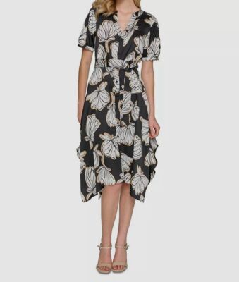 Karl Lagerfeld Paris Women's Black Printed Button-Up Belted Dress Size 12