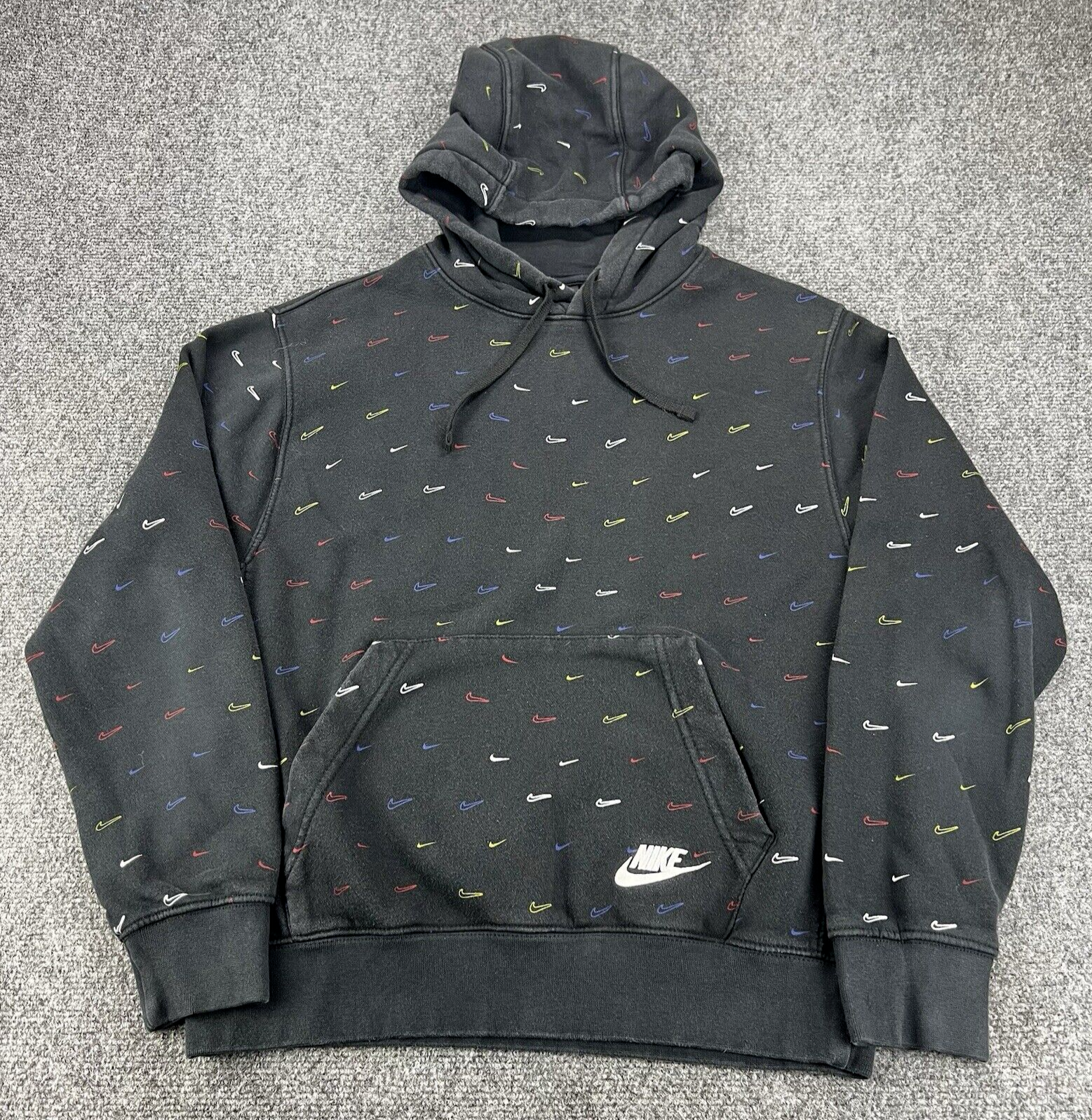 Nike Hoodie Mens Small Black Pullover Sweater Sportswear Fleece All over Swoosh