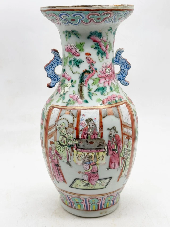 ANTIQUE  HAND PAINTED CHINESE VASE ORIENTAL DECORATIVE ART FLORAL SCENE - Image 3 of 4