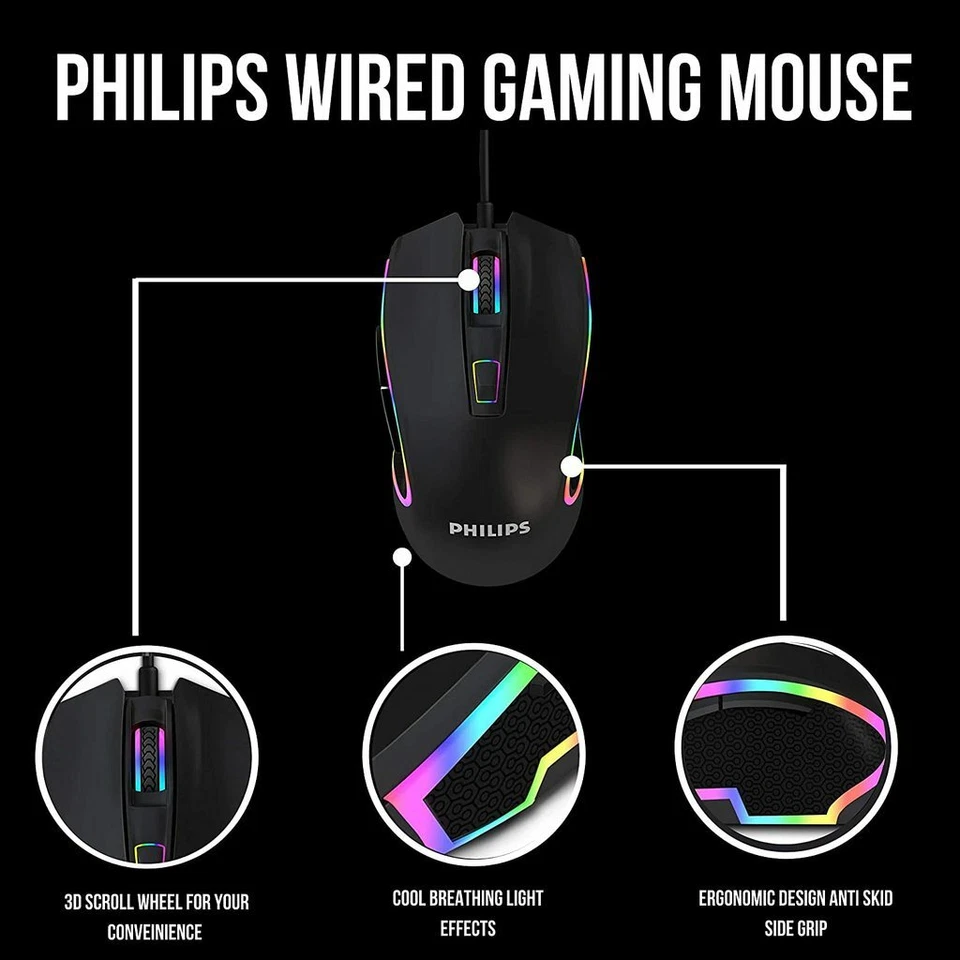 Philips Wired Gaming Mouse RGB Optical USB LED Mice for PC Gamers - Image 3 of 4