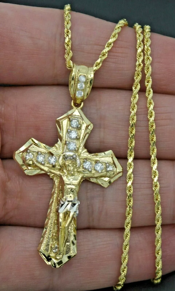 Real Yellow Gold CZ Jesus Christ Crucifix Cross Pendant + Chain