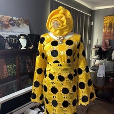 African Nigeria Iro and Buba Womens Lace Set Black  Yellow Gorgeous 