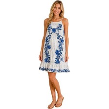 Farm Rio Blue Floral Striped Ruffle Mini Dress XS PP Sleeveless Tie Back White
