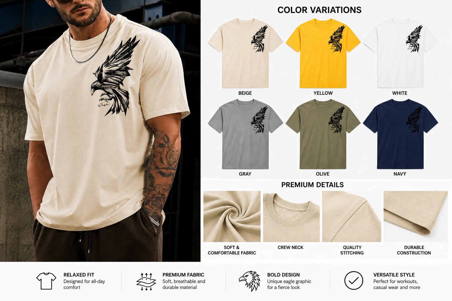Men’s Eagle Cool Graphic T-Shirt Loose Fit Streetwear Summer Casual Cotton Tee - Picture 11 of 18