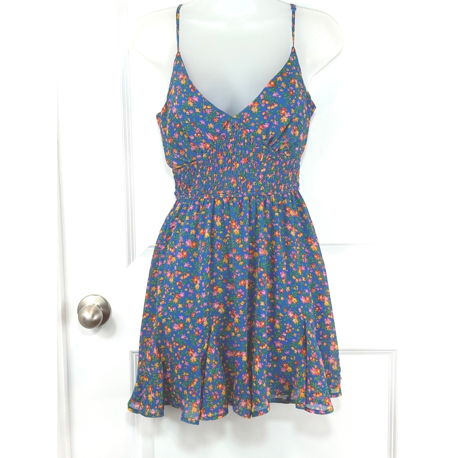 TRIXI CLOTHING Blue Floral BOHO Smocked Mini Dress Sundress Women's Small Tank S