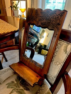 Vintage Handmade Folk Art Wall Mirror Shelf   Carved Wood Rustic Cottage Decor 