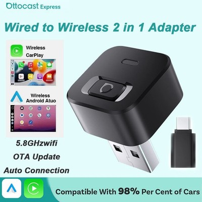2026 Ottocast Mini USB Wireless CarPlay + Android Auto Adapter One-Click Button