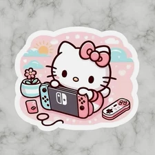 Kitty cat, Cute Fun Pink Gaming Gamer Hello Adorable Glossy Vinyl sticker, Decal