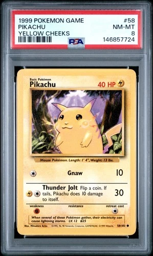 1999 POKEMON BASE SET  UNLIMITED YELLOW CHEEKS #58 PIKACHU PSA 8