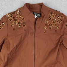 Bob Mackie Cotton Blend Embellished Brown Zip Up Jacket Women's L
