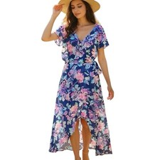 Nine Britton Womens Dress Sz Large Floral Faux Wrap Garden Party Resort Vacation