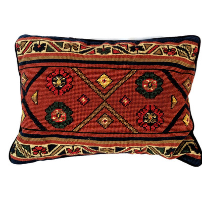 Nolpt Kilim Turkish Pillow Cushion Wool Geometric Navy Blue Red 16 x 11