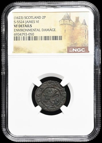 SCOTLAND. James VI, 1614. Copper Twopence, NGC VF Details
