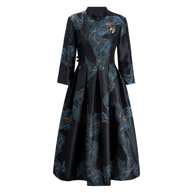 Womens Cheongsam Chinese Style Jacquard Floral Qipao Mid Long Dress Stand Collar