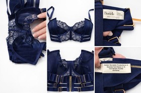 Bordelle Mari Longline Bodice Bra Navy Blue NWT S 30D 32C 34B 24k gold plated