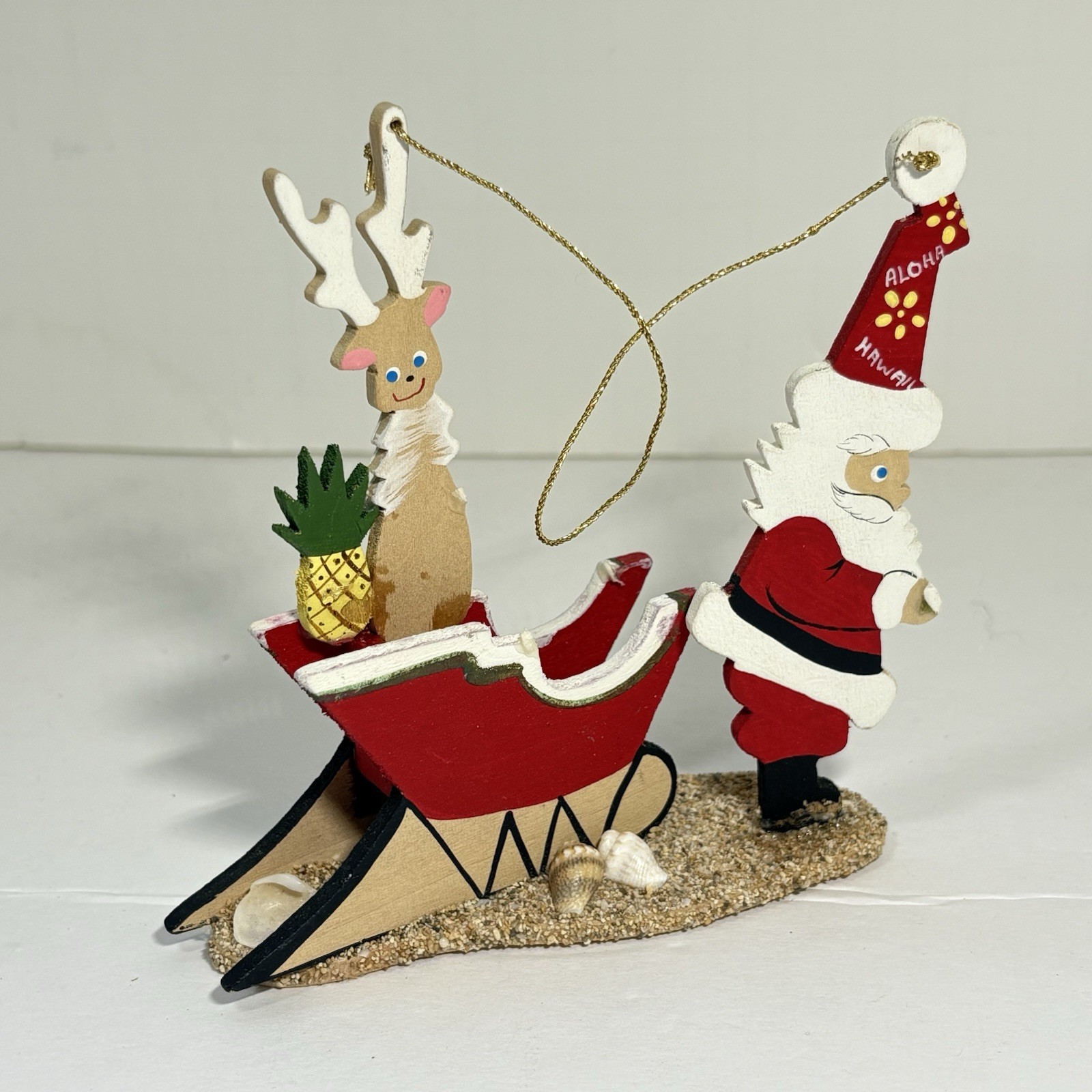 VTG Emgee Hawaii Ornament Lost in Paradise Santa Sleigh Reindeer Wood TLC *AS IS