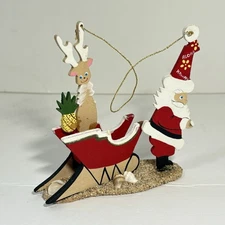 VTG Emgee Hawaii Ornament Lost in Paradise Santa Sleigh Reindeer Wood TLC *AS IS