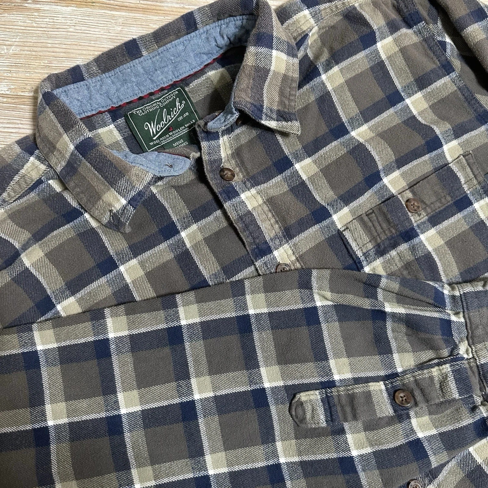 Woolrich Flannel Shirt Men’s Large Green And Blue Plaid Long Sleeve Grunge