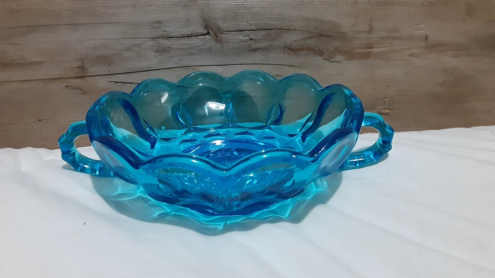 Vintage Anchor Hocking Fairfield Blue Double Handle Glass Bowl Candy Nut Trinket