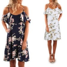 Womens Floral Off The Shoulder Daytime Mini Dress Holiday Beach Casual Smock USA