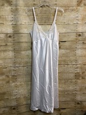 Vtg Val Mode Nightgown M White Satin Lace Trim Front Slit Bridal Lingerie Gown