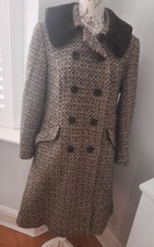 Vintage Julius Tweed Coat Brown Cream Faux Fur Collar 14 Double-breasted