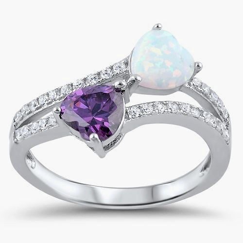 Sterling Silver Ring Size 10 with Amethyst CZ and White Opal 13mm Height-image