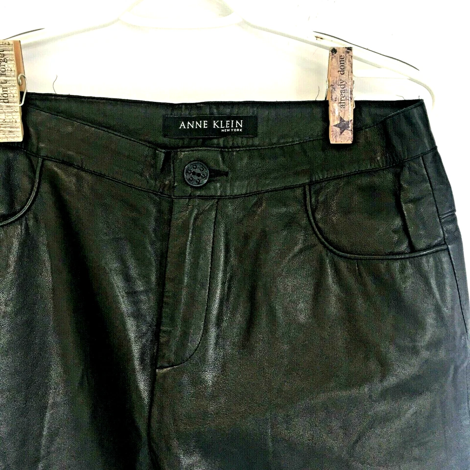 Anne Klein New York Woman's 100% Leather Pants Size 6 Black Lined Front Pockets - Image 2 of 4