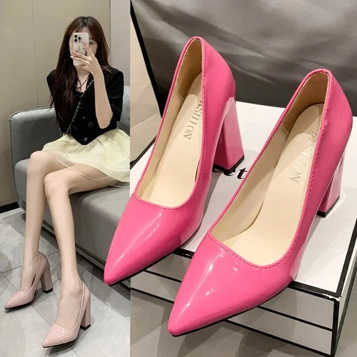 2025 Shoes Thick Heel Woman Pumps Candy Color Women Office Pointed Toe High - Picture 9 of 28