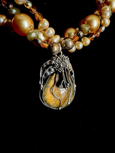 Sterling Genuine Pearl Glass Faux Pearl Labradorite Pendant 3 Strand Necklace - Picture 3 of 8