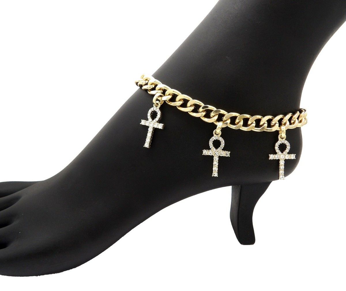 Women Iced Gold Plated Egyptian ANKH CROSS Fashion Bling Anklet
