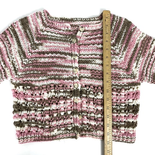 Handmade Knit Little Girls Cardigan Sweater Small Pink White Brown Long Sleeve - Picture 7 of 8