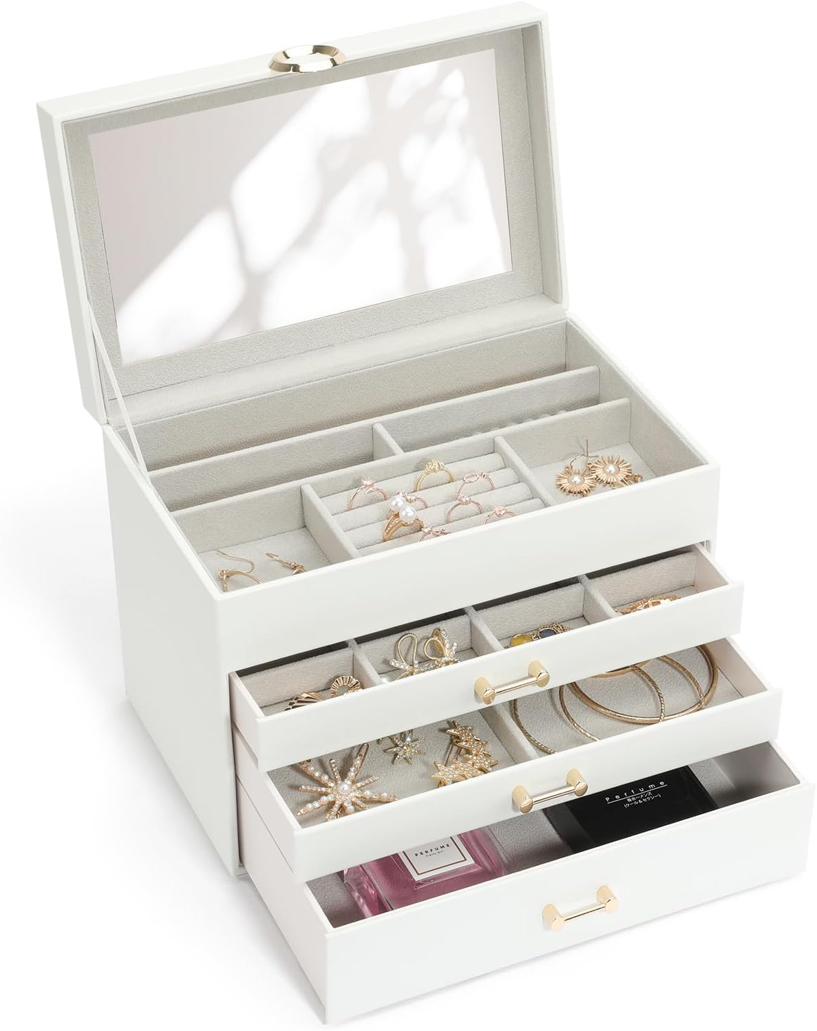Jewelry Box with Mirror，Jewelry Holder Organize with 3 Drawer，4-Layer Jewelry...-image