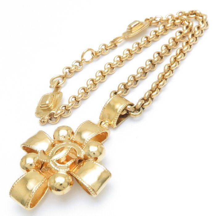 CHANEL nacklace coco mark ribbon ココマーク Chanel Necklace Coco Mark Ribbon Motif Black Golden Gold