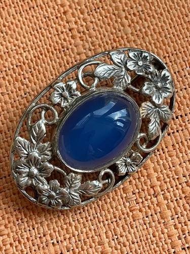 Vintage Silver Sterling Brooch, Bernard Instone Blue Agate Arts & Crafts Flowers - Picture 5 of 9