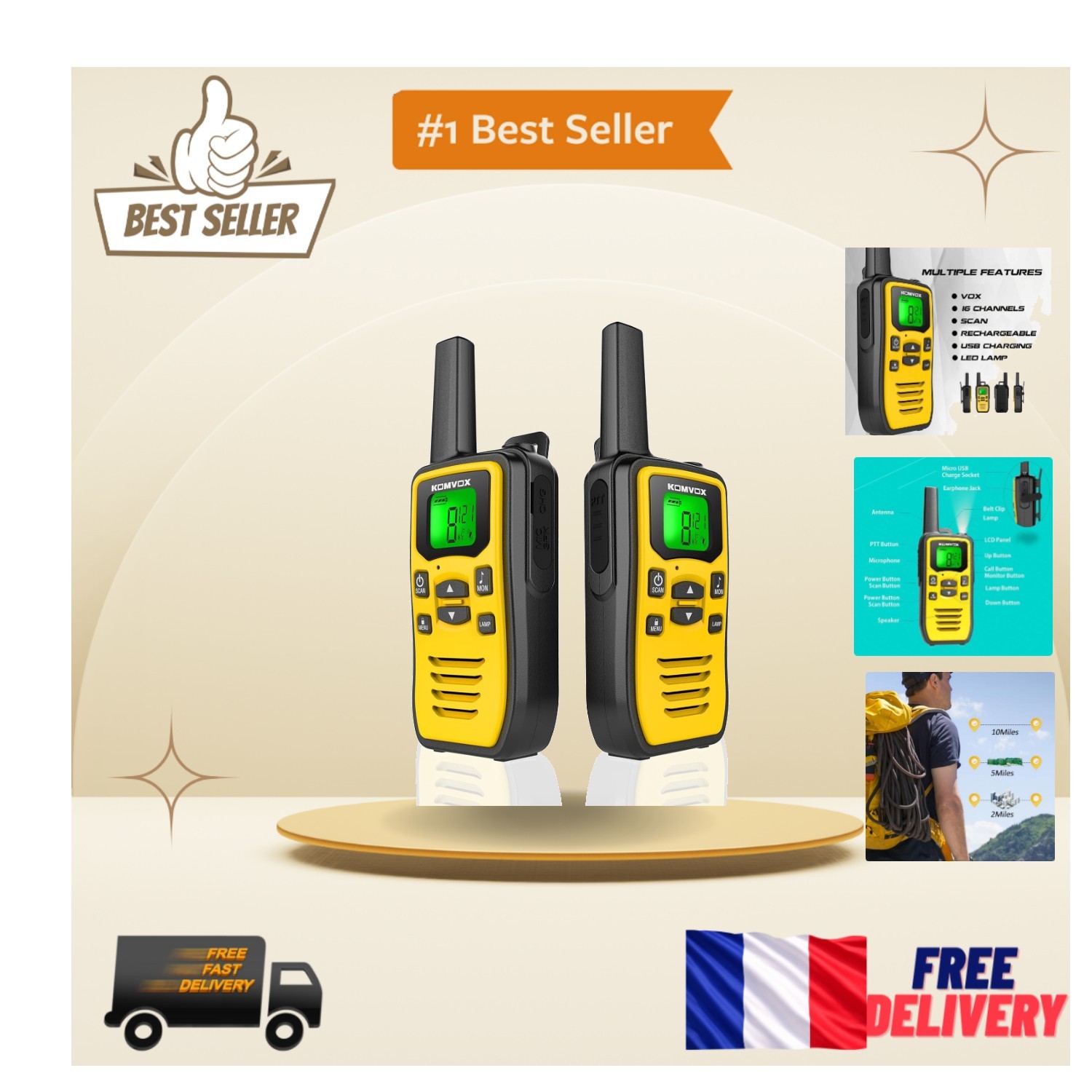 Talkie-Walkie Longue Portée Orange pour Camping en Famille et Randonnée Montagne