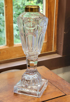 9'' Loop & Thumbprint Boston & Sandwich Flint Glass Whale Oil Lamp Antique c1860s
