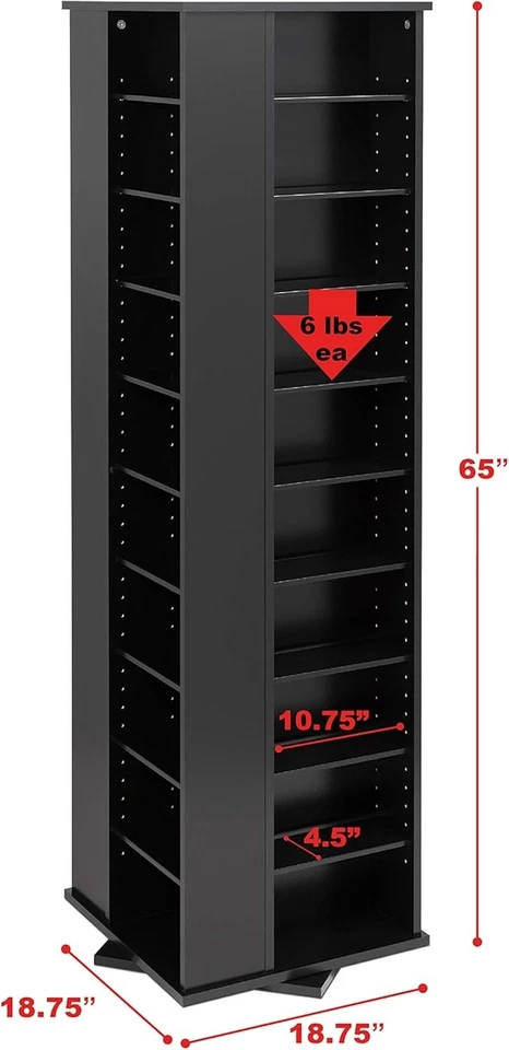 Contemporary 4-Sided Revolving Media Tower with Adjustable Shelves - Black - Image 4 of 4
