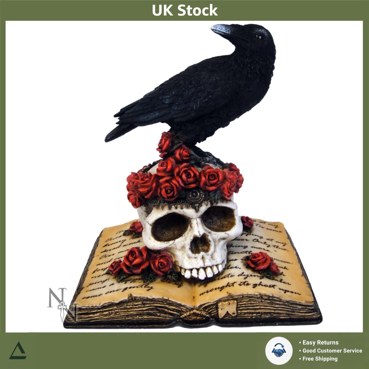 Gothic Raven Skull Book Figurine Art Black Sculpture Decor 26cm Display