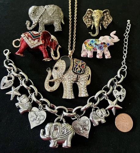 Vintage Or Costume Jewelry Lot Rhinestone Elephant Brooch Necklace Bracelet