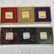 Set Of 6 Pier One Imports Fabric w/ Bead Design 1.5 X 1.5 Mini Photo Frames