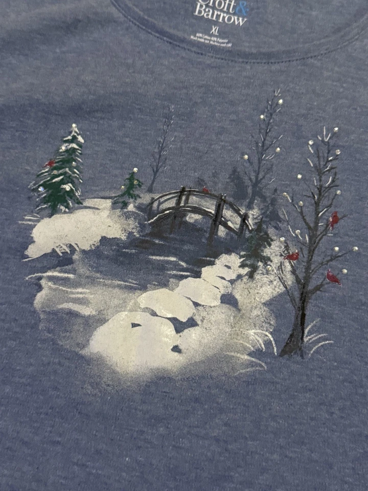Croft & Barrow Mujer Talla XL Azul Manga Larga Árbol de Navidad Camiseta Vacaciones Foto 3 de 4
