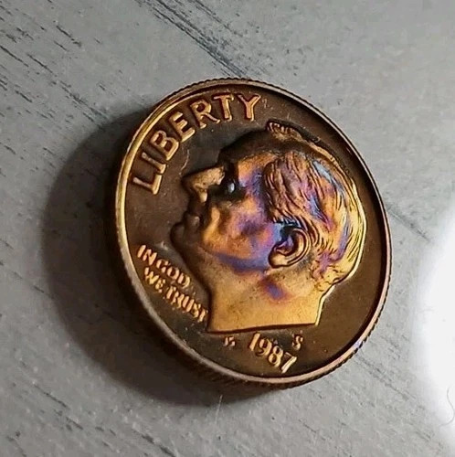 1987-S Rainbow/brass Toned Obv. Cameo Proof Roosevelt Dime #2