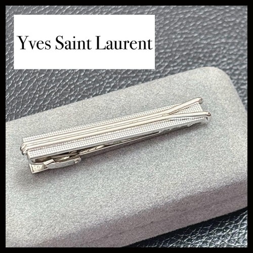 Yves Saint Laurent Tie Clip Y Logo Silver Mesh Design Vintage Accessory