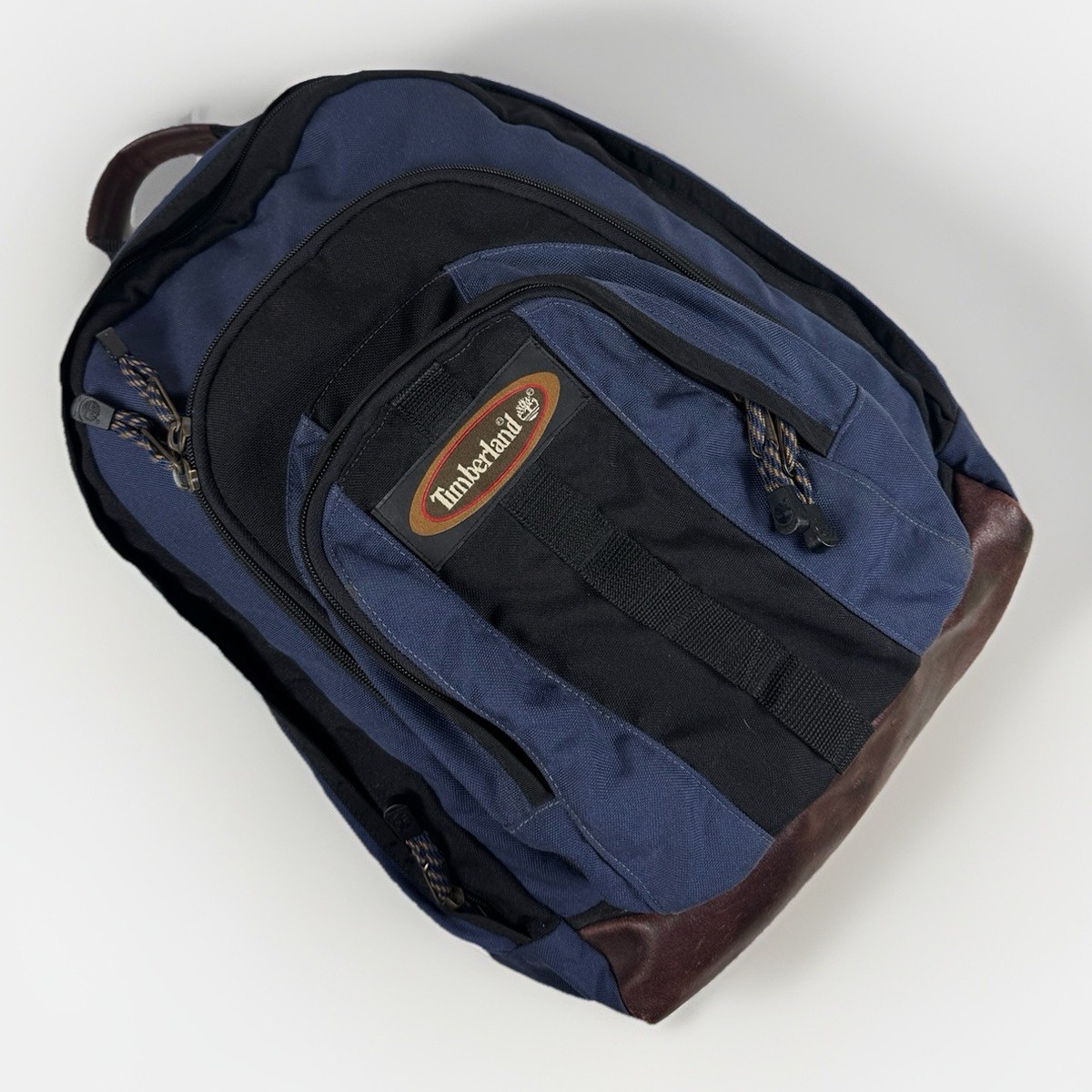 Vintage Timberland Backpack Canvas Daypack Blue Black Leather