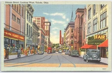 Vintage Adams Street Toledo Ohio Linen Postcard Tichnor Bros