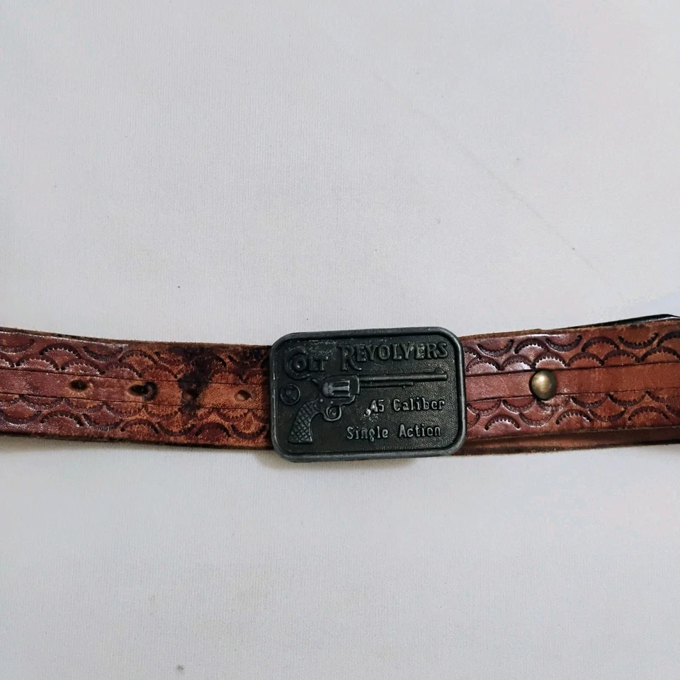 Vintage Colt Revolvers Belt Buckle With Hand Tooled Brown Leather Belt - Image 3 of 4